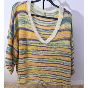 POL Multicolor Stripe V Neck Lightweight Knit Sweater Oversized Boho Small